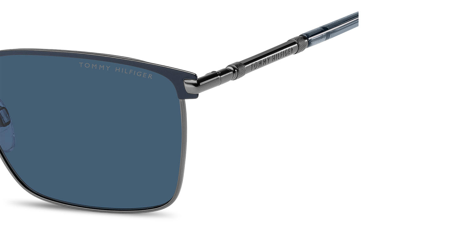 Shop Tommy Hilfiger Engraved Logo Square Sunglasses in Blue & Ruthenium online.