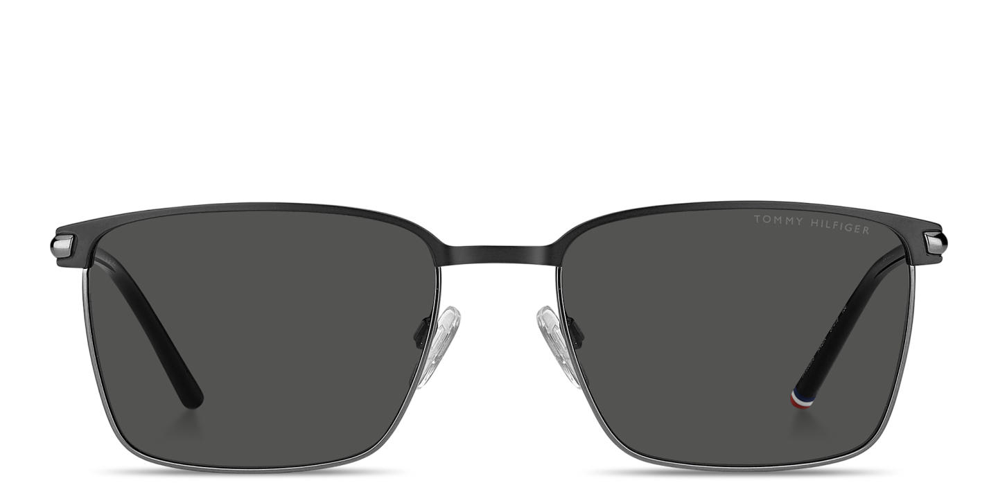 Shop Tommy Hilfiger Engraved Logo Square Sunglasses in Black Dark Ruthenium online.