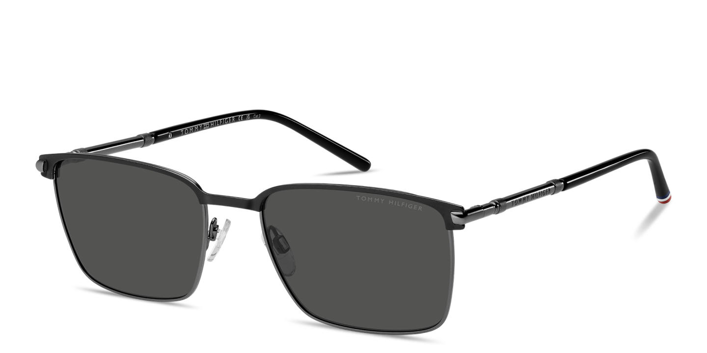 Shop Tommy Hilfiger Engraved Logo Square Sunglasses in Black Dark Ruthenium online.
