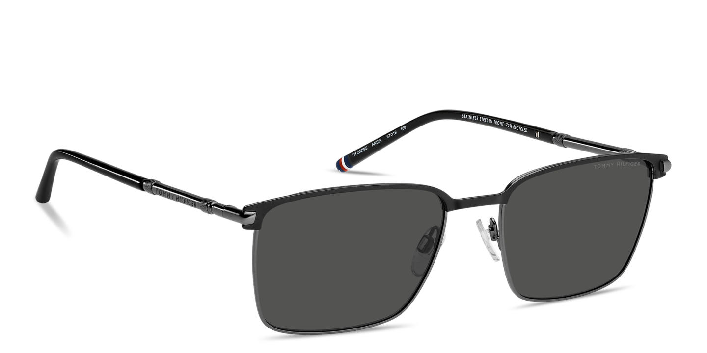 Shop Tommy Hilfiger Engraved Logo Square Sunglasses in Black Dark Ruthenium online.