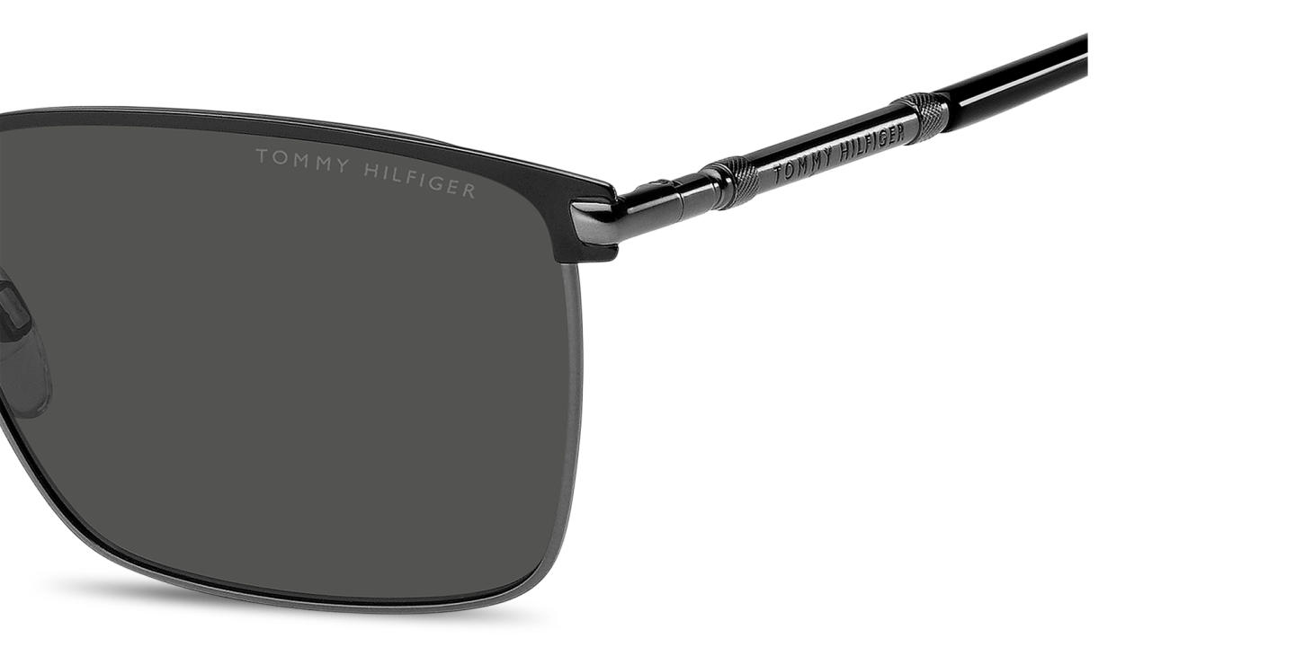 Shop Tommy Hilfiger Engraved Logo Square Sunglasses in Black Dark Ruthenium online.