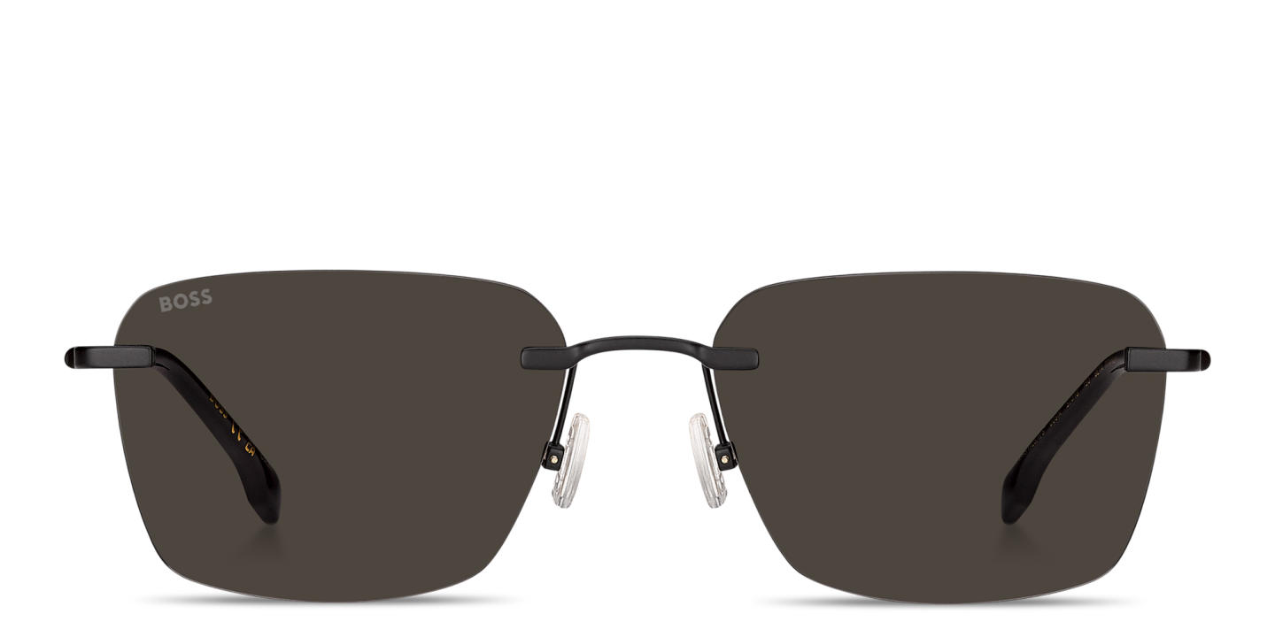 Shop Hugo Boss Logo Lettering Rimless Square Sunglasses in Matte Black online.