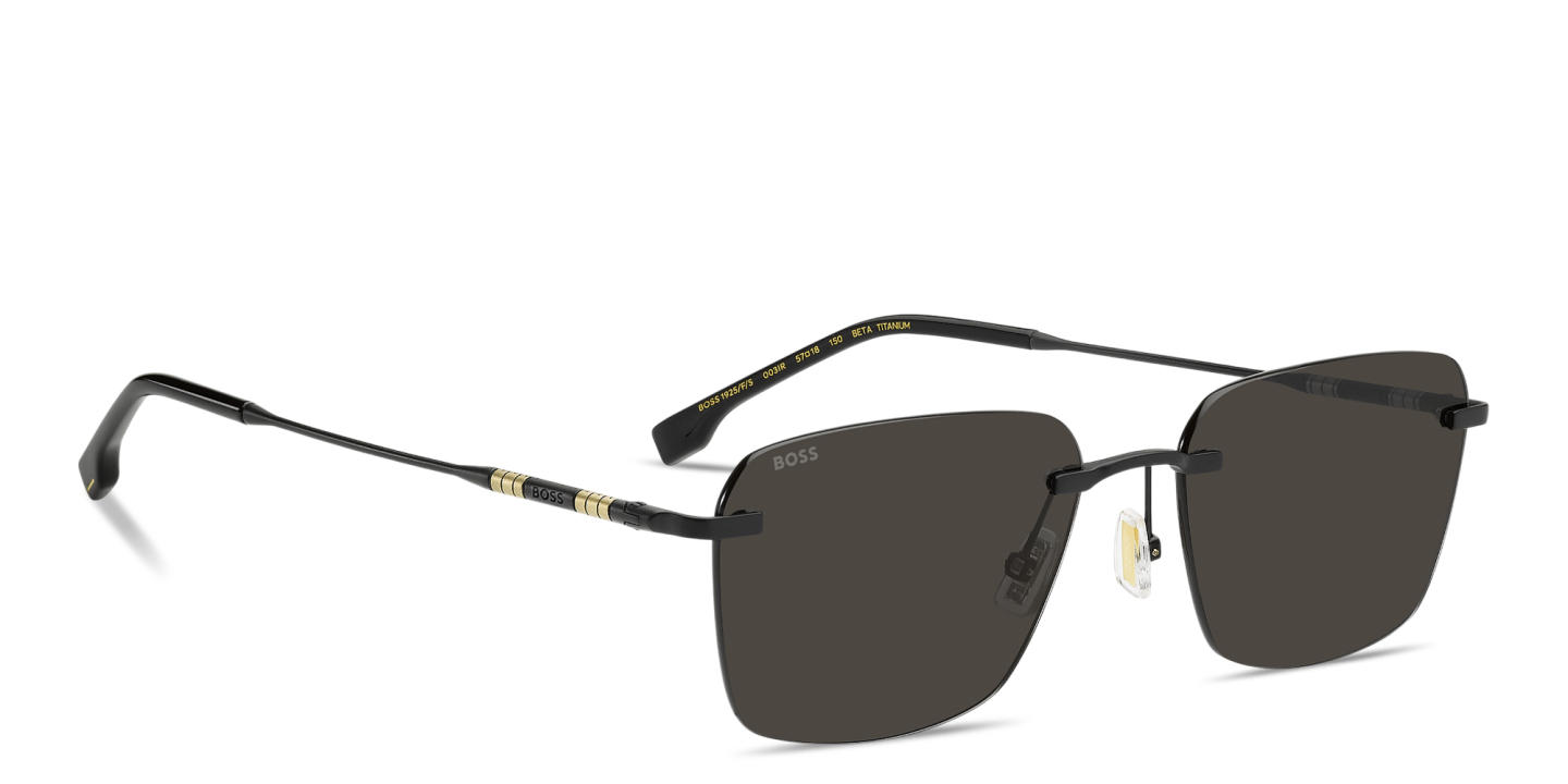 Shop Hugo Boss Logo Lettering Rimless Square Sunglasses in Matte Black online.