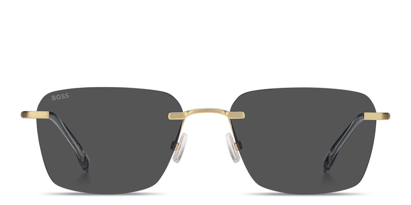 Shop Hugo Boss Logo Lettering Rimless Square Sunglasses in Matte Gold online.
