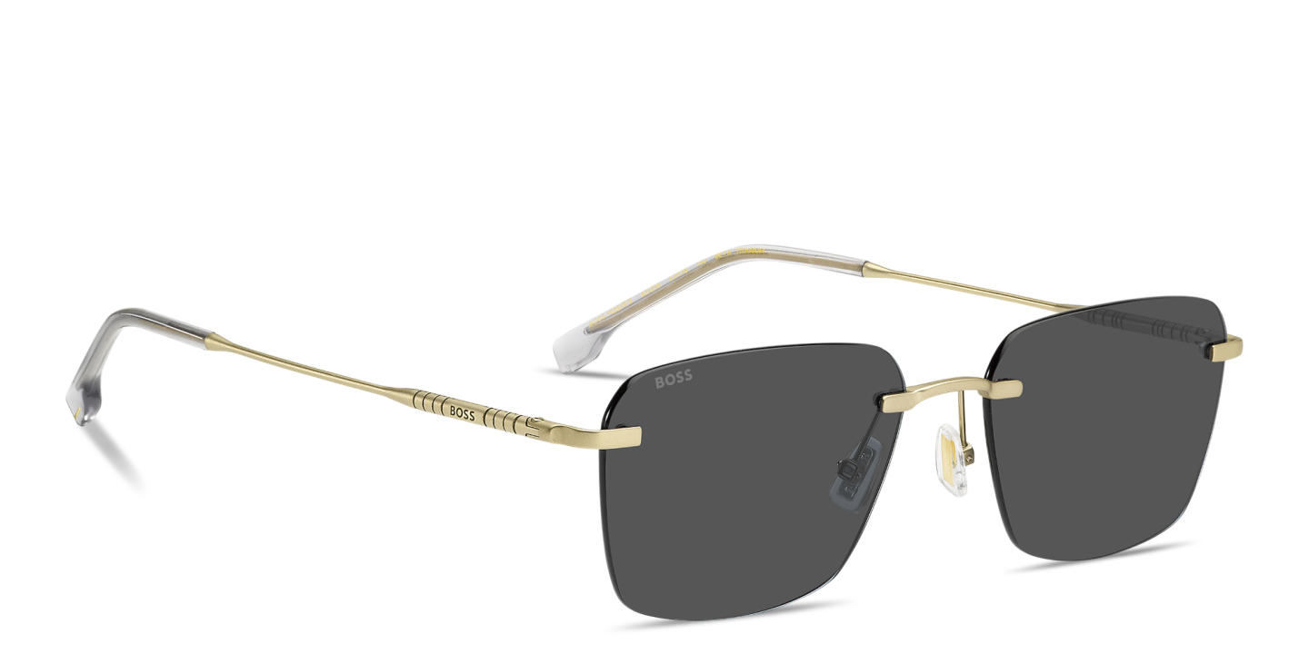 Shop Hugo Boss Logo Lettering Rimless Square Sunglasses in Matte Gold online.