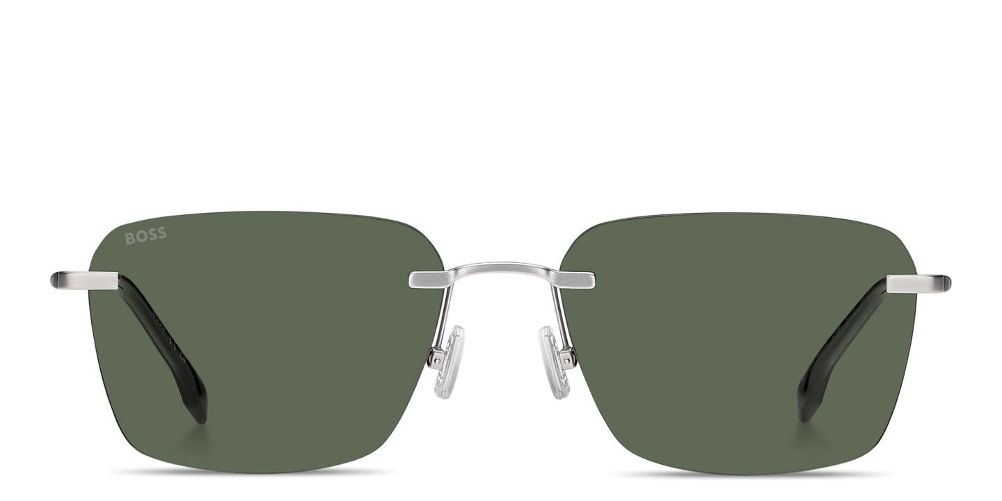 Shop Hugo Boss Logo Lettering Rimless Square Sunglasses in Matte Palladium online.