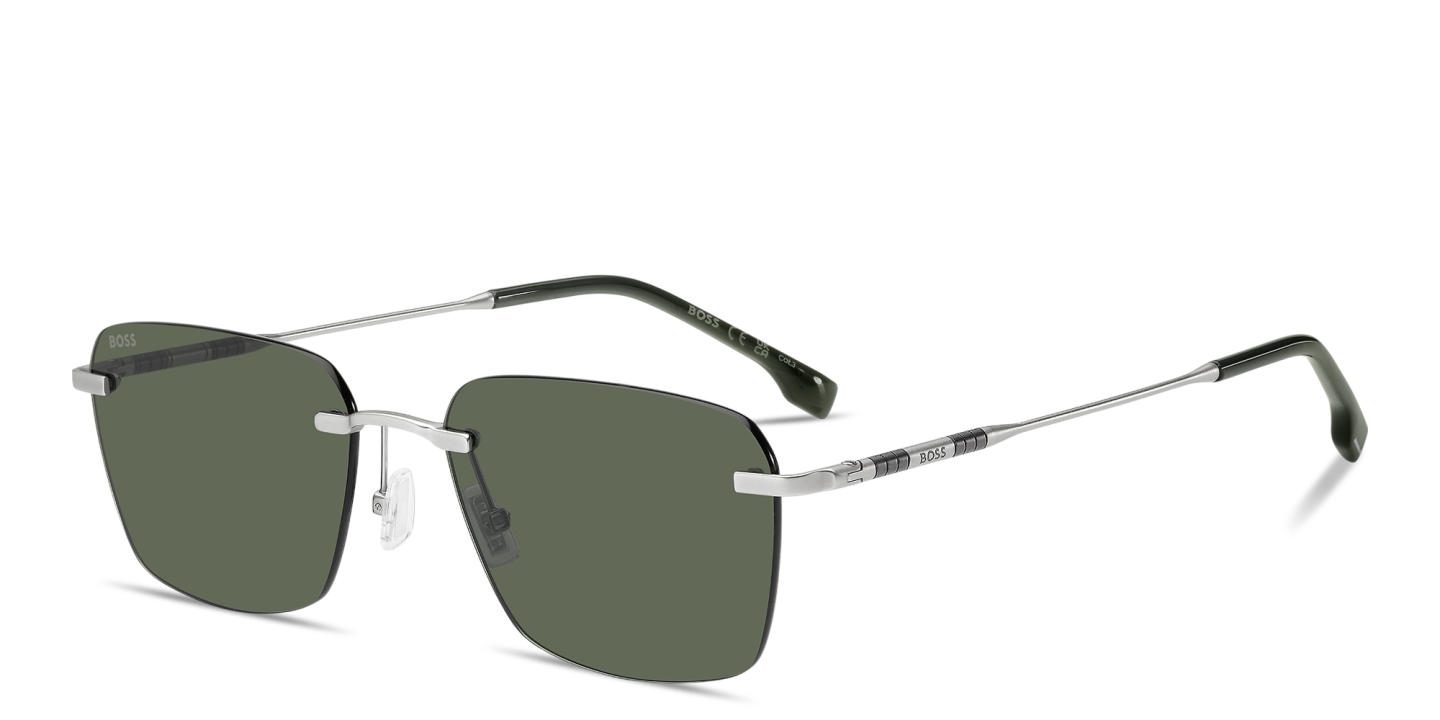 Shop Hugo Boss Logo Lettering Rimless Square Sunglasses in Matte Palladium online.