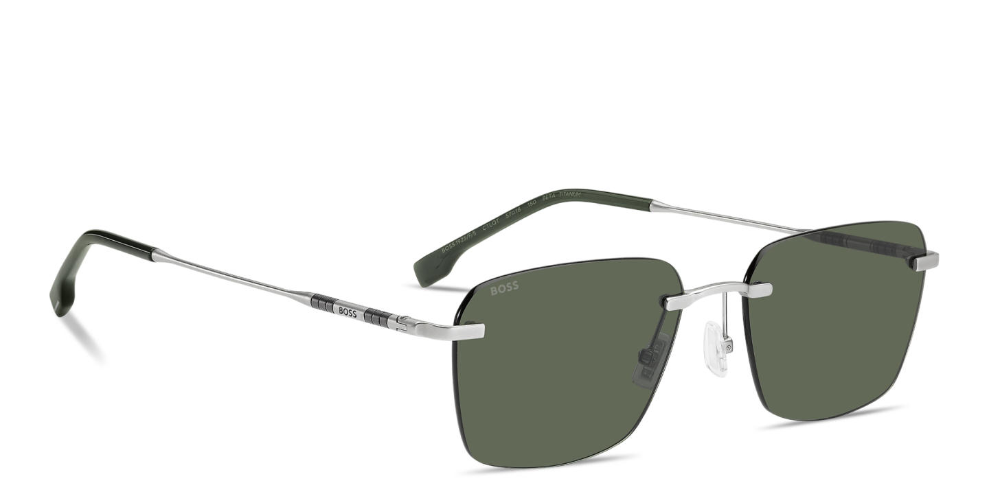Shop Hugo Boss Logo Lettering Rimless Square Sunglasses in Matte Palladium online.