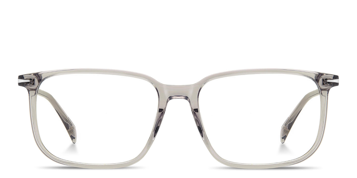 Shop DAVID BECKHAM Talisman Wide Rectangle Eyeglasses in Transparent Grey online.