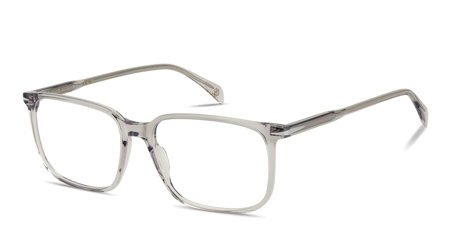 Shop DAVID BECKHAM Talisman Wide Rectangle Eyeglasses in Transparent Grey online.