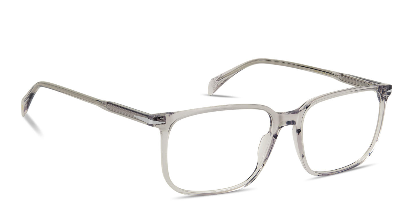 Shop DAVID BECKHAM Talisman Wide Rectangle Eyeglasses in Transparent Grey online.