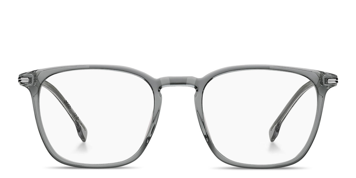 Shop Hugo Boss Engraved Logo Square Eyeglasses in Transparent Grey online.
