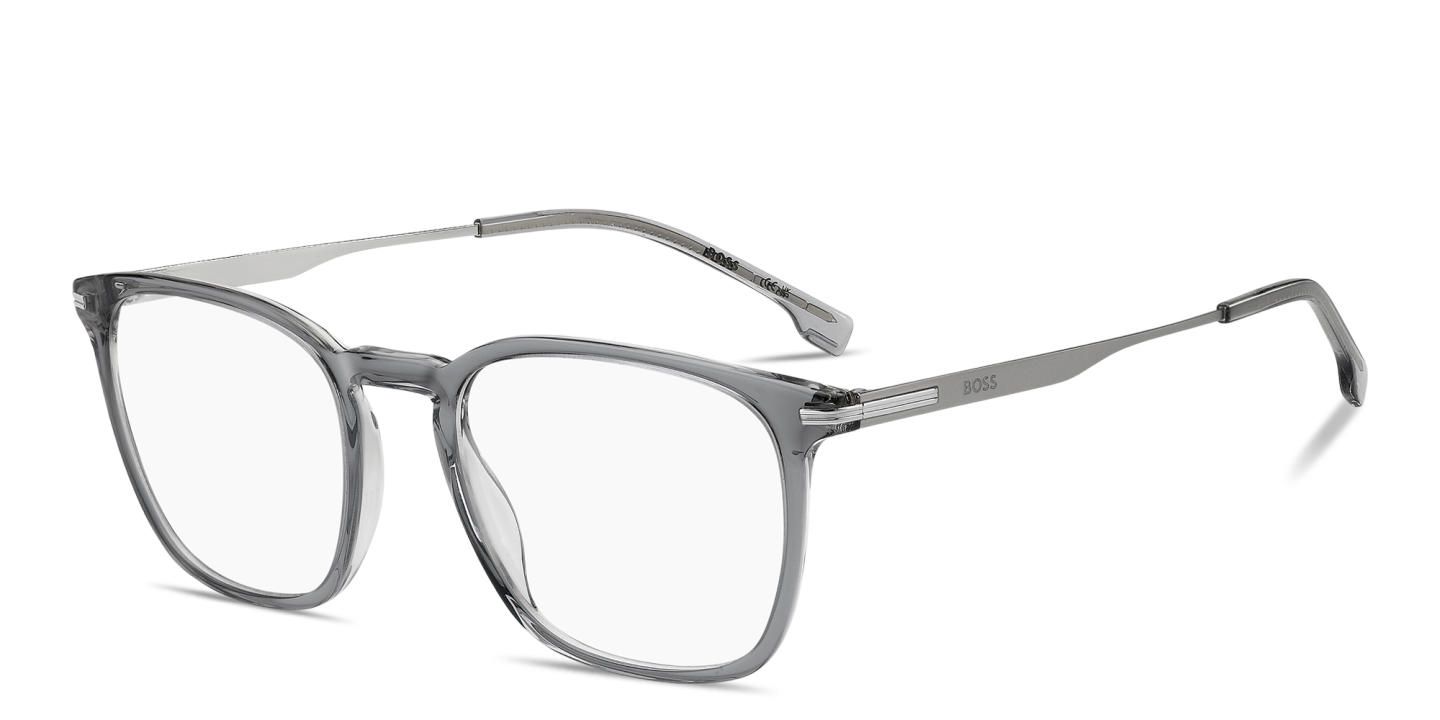 Shop Hugo Boss Engraved Logo Square Eyeglasses in Transparent Grey online.