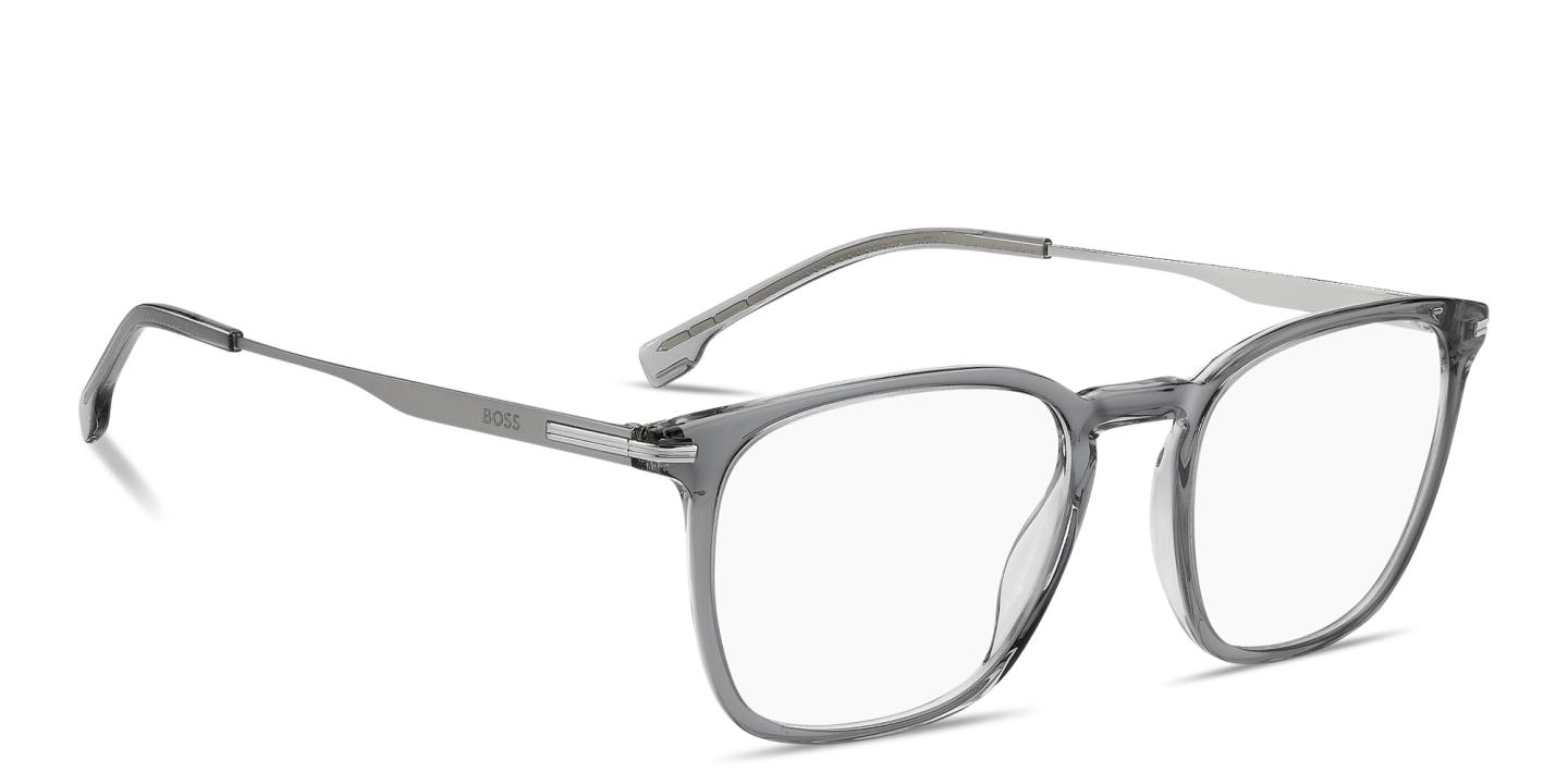 Shop Hugo Boss Engraved Logo Square Eyeglasses in Transparent Grey online.