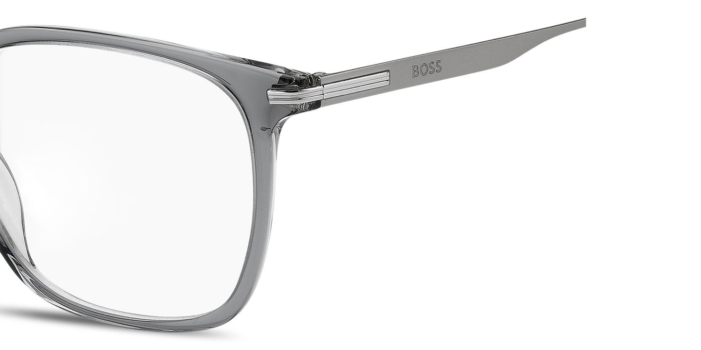 Shop Hugo Boss Engraved Logo Square Eyeglasses in Transparent Grey online.