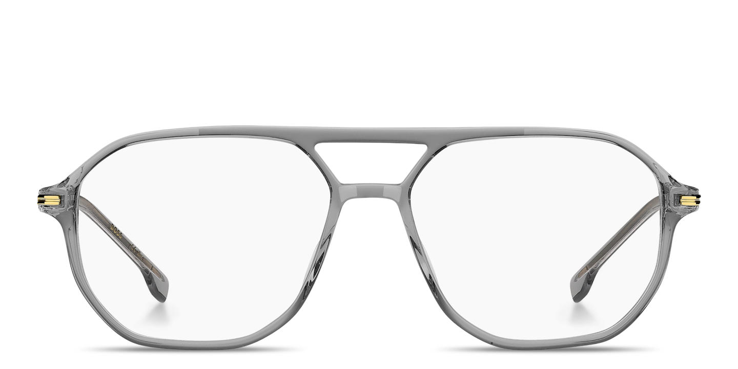 Shop Hugo Boss Engraved Logo Wide Aviator Eyeglasses in Transparent Grey online.
