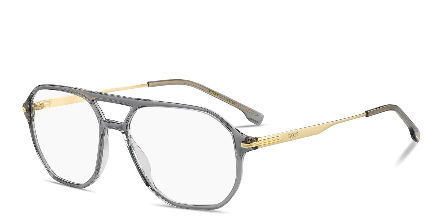 Shop Hugo Boss Engraved Logo Wide Aviator Eyeglasses in Transparent Grey online.