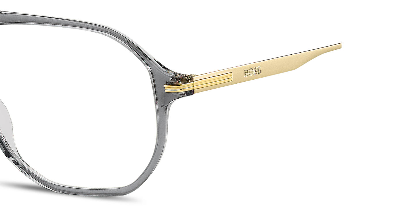 Shop Hugo Boss Engraved Logo Wide Aviator Eyeglasses in Transparent Grey online.