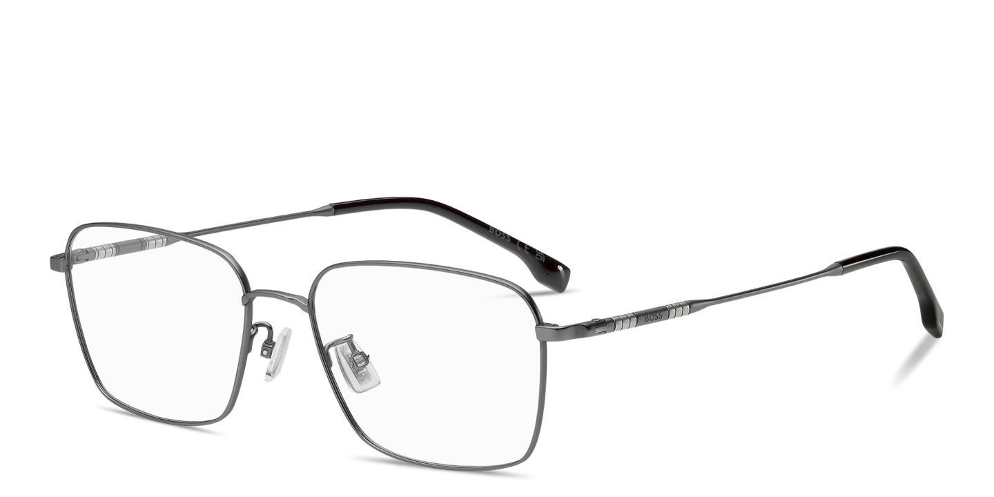 Shop Hugo Boss Engraved Logo Wide Rectangle Eyeglasses in Dark Ruthenium online.