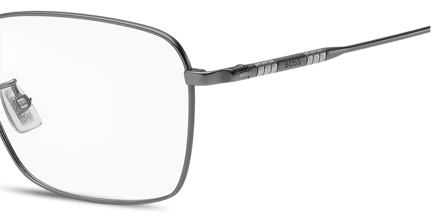 Shop Hugo Boss Engraved Logo Wide Rectangle Eyeglasses in Dark Ruthenium online.