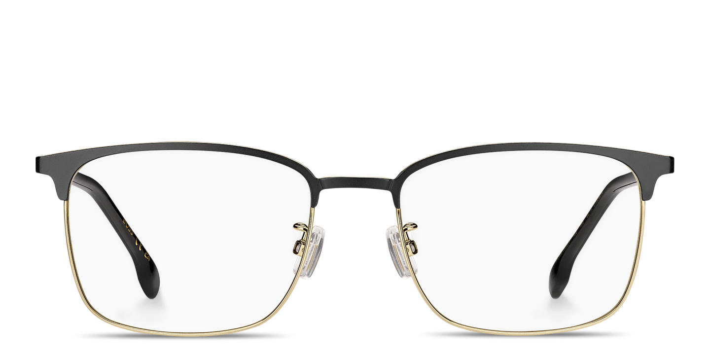 Shop Hugo Boss Logo Signature Rectangle Eyeglasses in Gold Black online.
