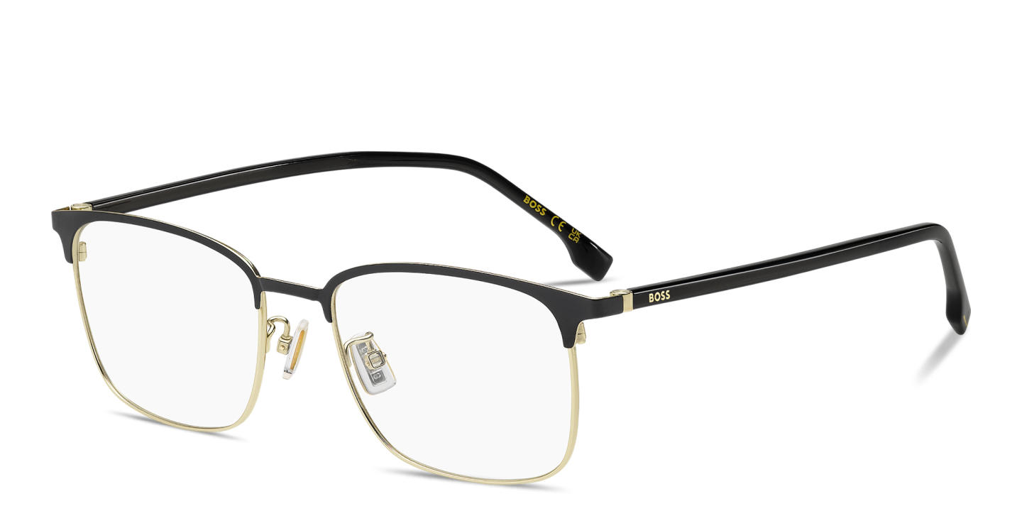 Shop Hugo Boss Logo Signature Rectangle Eyeglasses in Gold Black online.
