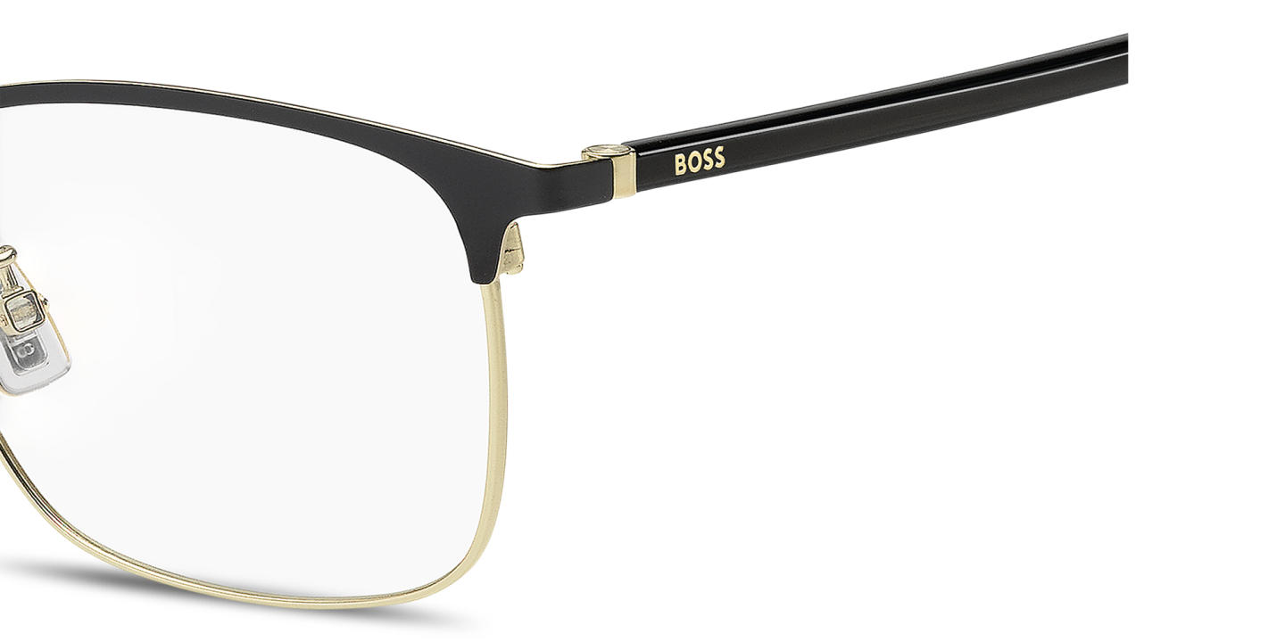 Shop Hugo Boss Logo Signature Rectangle Eyeglasses in Gold Black online.