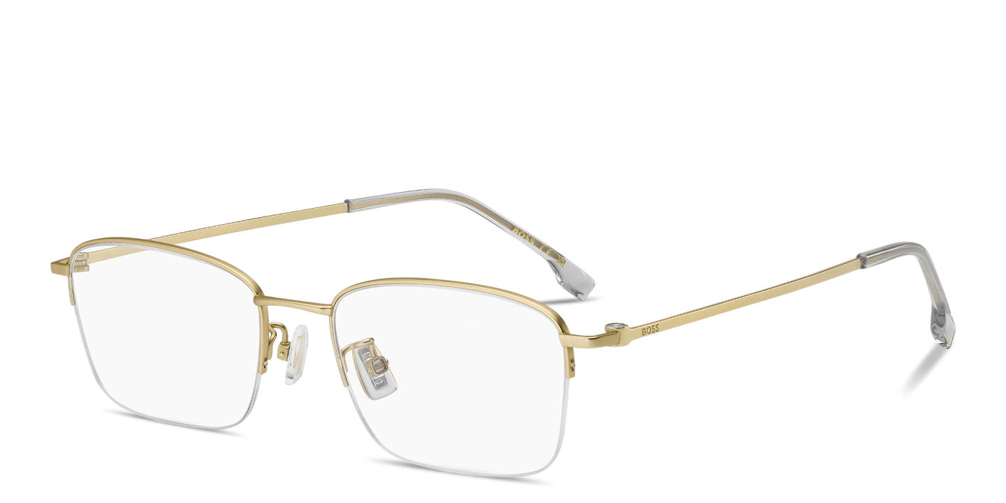 Shop Hugo Boss Engraved Logo Half-Rim Rectangle Eyeglasses in Matte Gold online.