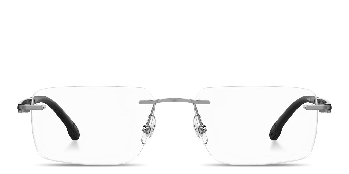 Shop Carrera Logo Lettering Wide Rimless Rectangle Eyeglasses in Dark Ruthenium online.