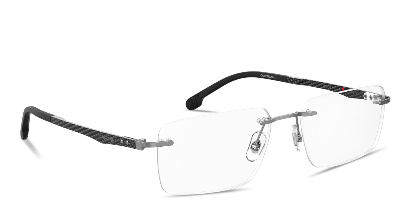 Shop Carrera Logo Lettering Wide Rimless Rectangle Eyeglasses in Dark Ruthenium online.