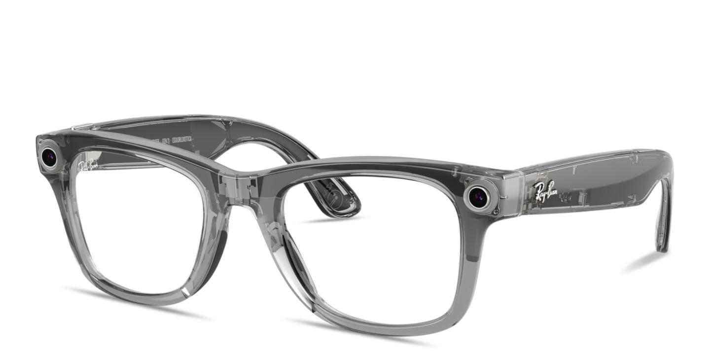 Shop Ray-Ban Meta Wayfarer Transitions® Unisex Square Sunglasses in Shiny Transparent Grey online.