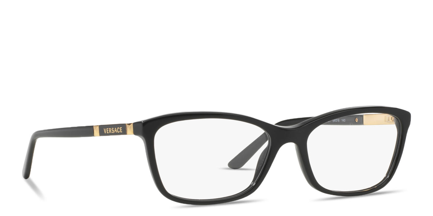 Shop VERSACE Logo Lettering Cat-Eye Eyeglasses in Black online.