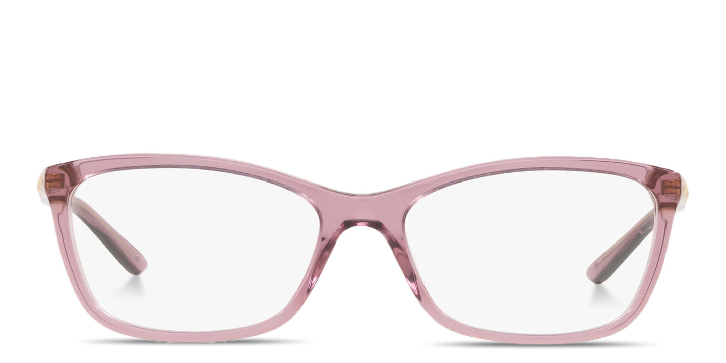 Shop VERSACE Logo Lettering Cat-Eye Eyeglasses in Transparent Purple online.
