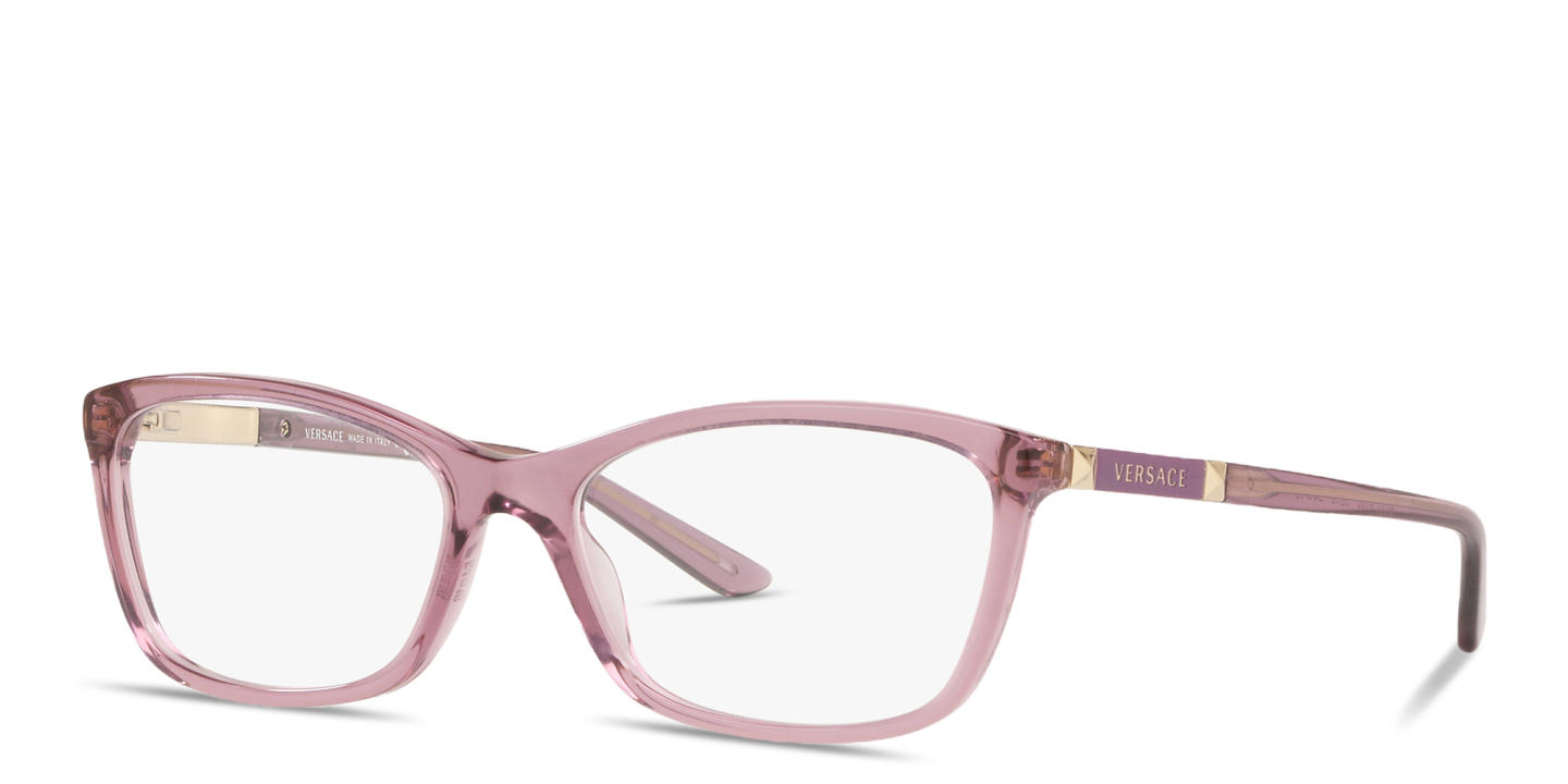 Shop VERSACE Logo Lettering Cat-Eye Eyeglasses in Transparent Purple online.