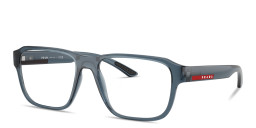 Shop Prada Linea Rossa Logo Signature Irregular Eyeglasses in Transparent Azure online.