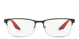 Shop Prada Linea Rossa Wide Rectangle Eyeglasses in Black & Silver online.