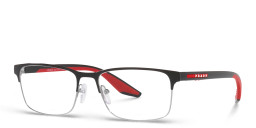 Shop Prada Linea Rossa Wide Rectangle Eyeglasses in Black & Silver online.