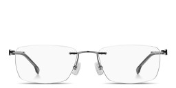 Shop Hugo Boss Logo Signature Rimless Rectangle Eyeglasses in Dark Ruthenium online.