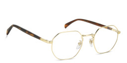Shop DAVID BECKHAM Timeless Icons Irregular Eyeglasses in Gold Brown Horn online.