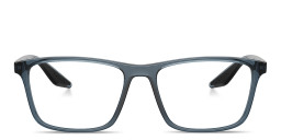 Shop Prada Linea Rossa Logo Signature Wide Pillow Eyeglasses in Transparent Blue online.