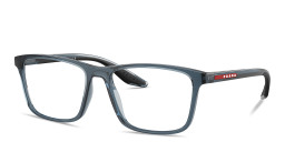 Shop Prada Linea Rossa Logo Signature Wide Pillow Eyeglasses in Transparent Blue online.