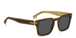 Shop Hugo Boss Logo Square Sunglasses in Beige-Stripped White online.