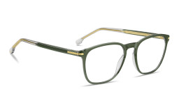 Shop Hugo Boss Logo Square Eyeglasses in Transparent Green online.