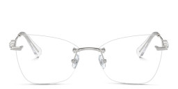 Shop Swarovski Crystal-Embellished Rimless Cat-Eye Eyeglasses in Silver online.