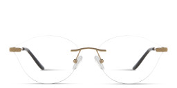 Shop TRICE Logo Wide Rimless Irregular Eyeglasses in Gold Black online.