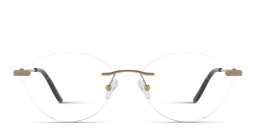 Shop TRICE Logo Wide Rimless Irregular Eyeglasses in Gold Havana online.