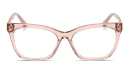 Shop Guess Embossed Logo Wide Rectangle Eyeglasses in Transparent Beige online.