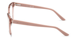 Shop Guess Embossed Logo Wide Rectangle Eyeglasses in Transparent Beige online.