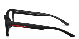 Shop Prada Linea Rossa Logo Lettering Rectangle Eyeglasses in Black Rubber online.