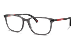Shop Prada Linea Rossa Logo Signature Wide Pillow Eyeglasses in Transparent Anthracite online.